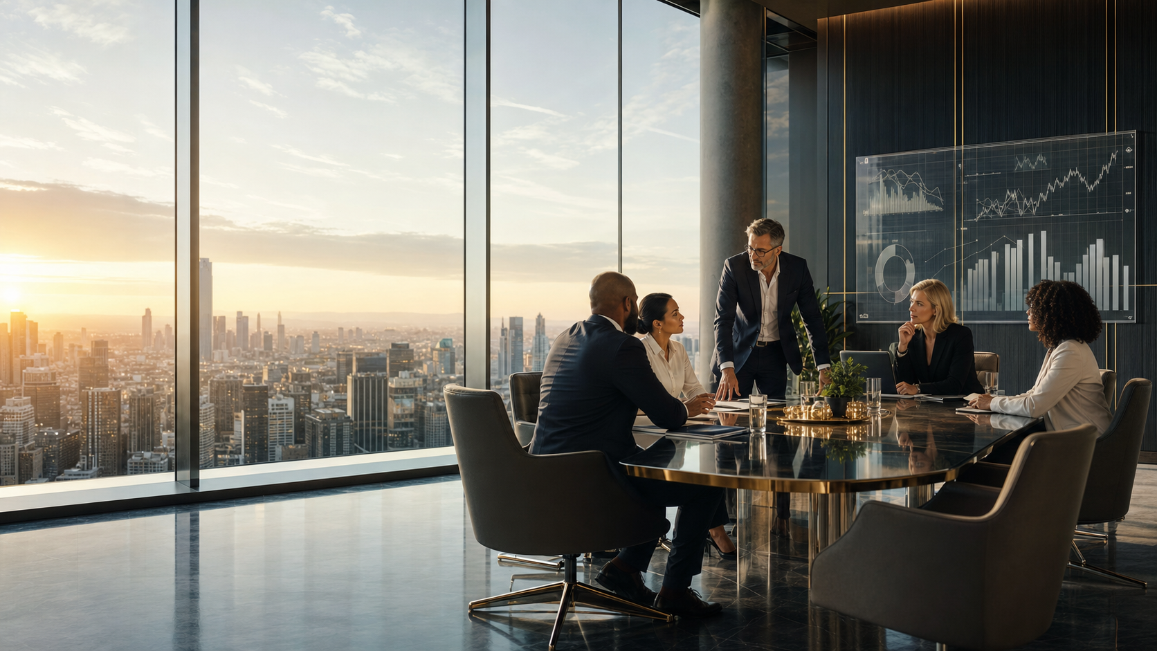 Financial consultants and business owners reviewing capital strategy in a modern boardroom.